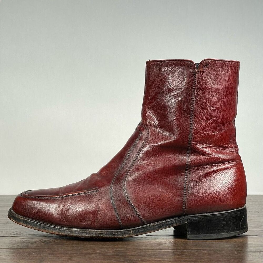 Florsheim Boots Mens 9 3E Cognac‎ Brown Leather Side Zip Heeled Biker Boot VTG